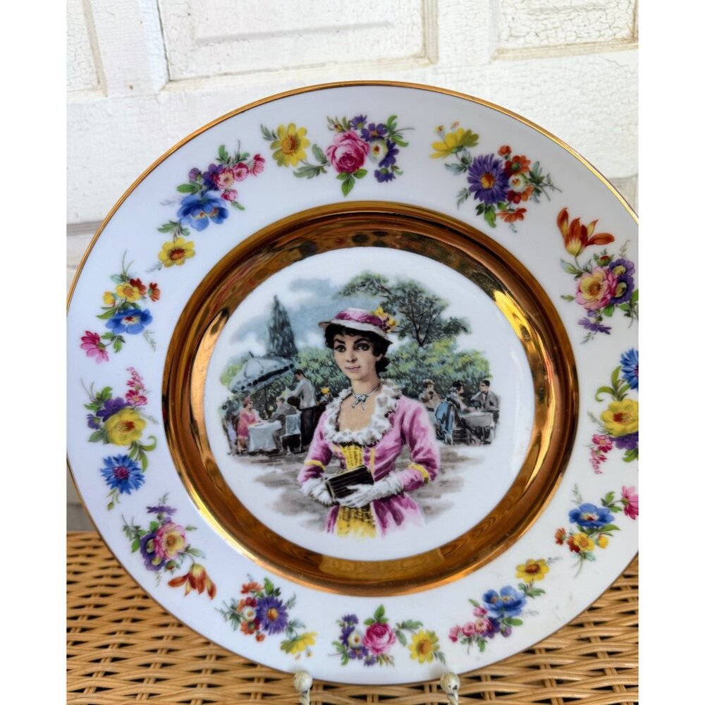 Vintage 50's Portrait Plate Victorian Woman Floral Gold Trim 10.5"